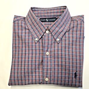 👔 Ralph Lauren Blue Label Shirt – Men's M – Red White Blue Tartan – Long Sleeve